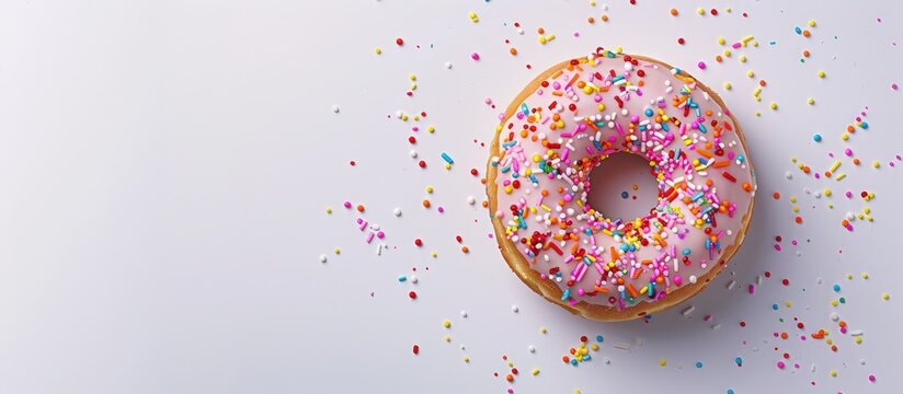 A bird's eye view of a donut topped with vibrant sprinkles displayed on a blank white backdrop, perfect for adding text in the copy space image.