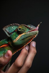Fototapeta premium A tight shot of a hand cradling a green and orange chameleon against a black backdrop