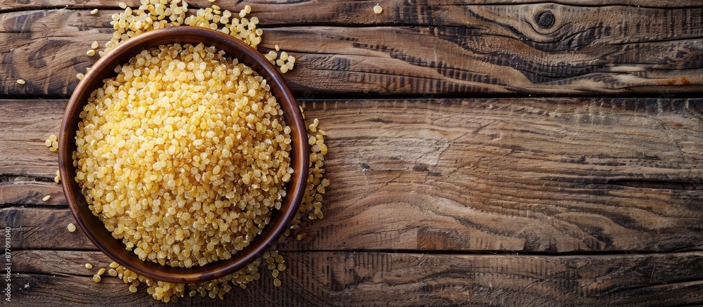 Poster Top view of a wooden table with a bowl of raw bulgur, providing a clear space for text in the image.