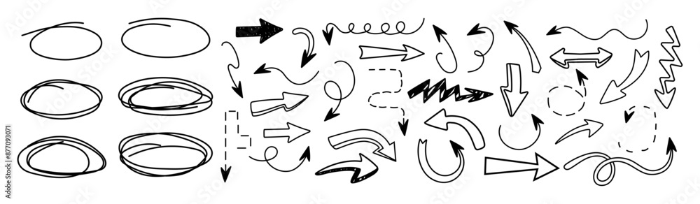 Poster collection arrows in trendy style. hand drawn and doodle. vector. textbox, bubbles. frame. editable 