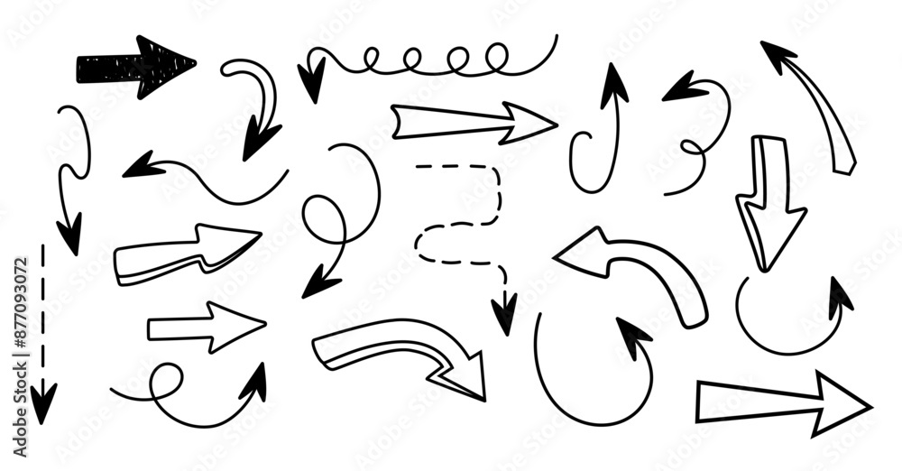 Poster set of arrows in different styles. hand drawn and doodle. vector illustration. editable stroke. penc