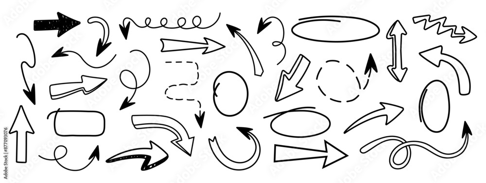 Poster set of arrows in trendy style. hand drawn and doodle. vector. textbox and bubbles. frame. editable s