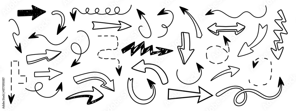 Poster set of arrows in different styles. hand drawn and doodle. editable stroke. pencil and texture. eleme