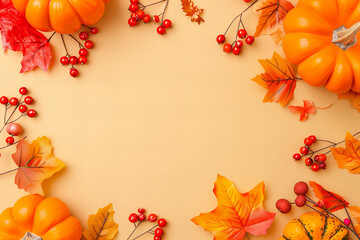 Fototapeta premium Vibrant Autumn Background with Copy Space Featuring Pumpkins and Leaves for Seasonal Design Projects