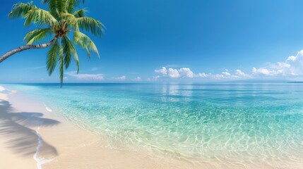 a palm tree on a beach with clear water