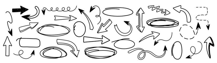 Collection arrows in trendy style. Hand drawn, doodle. Vector. Textbox, bubbles. Frame. Editable stroke. Pencil and texture. Elements, shapes for design. Line and underline. Mark. Curves. Scribble