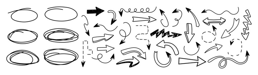 Collection arrows in trendy style. Hand drawn and doodle. Vector. Textbox, bubbles. Frame. Editable stroke. Pencil and texture. Elements, shapes for design. Line, underline. Mark. Abstract scribbles. 