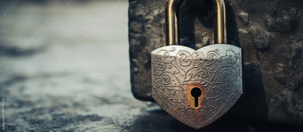 Poster close-up of an aged gray padlock on a chain with a vintage aesthetic, ideal for copy space image.
