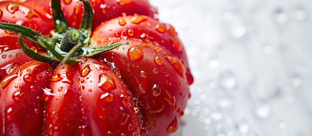 Poster large and flavorful red beefsteak tomato with a white background featuring red drops offers great co