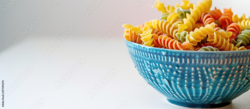 Poster ample copy space surrounds a vibrant array of spiral pasta in a blue bowl placed on a white surface.