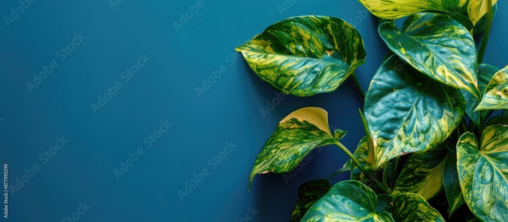 Aufkleber Golden pothos plant against a blue backdrop, complete with a border design and ample copy space image.
