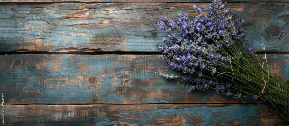 Poster lavender bouquet displayed on rustic wooden table with copy space image.