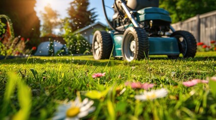 A lawnmower is actively cutting a lush, green lawn dotted with flowers under a bright sunny sky, representing the task of yard maintenance and the beauty of summer gardens.