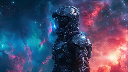 Fototapeta premium Futuristic Astronaut in Space Suit Exploring Colorful Nebula in Deep Space
