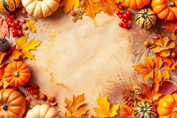 Vibrant Autumn Background with Copy Space Featuring Pumpkins and Leaves for Seasonal Design Projects