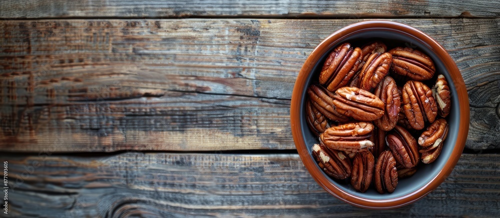 Poster top view of a dish with shelled pecan nuts on a wooden surface, with room for text in the image.