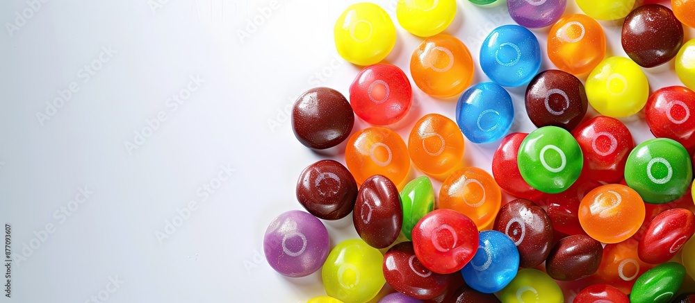 Poster A close-up photograph showing a heap of colorful candies displayed on a clean white backdrop with ample copy space image for text or graphics.