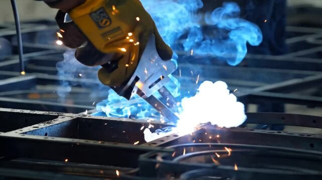 Industrial welder at work in a factory, sparks flying as they join steel beams with their welding torch