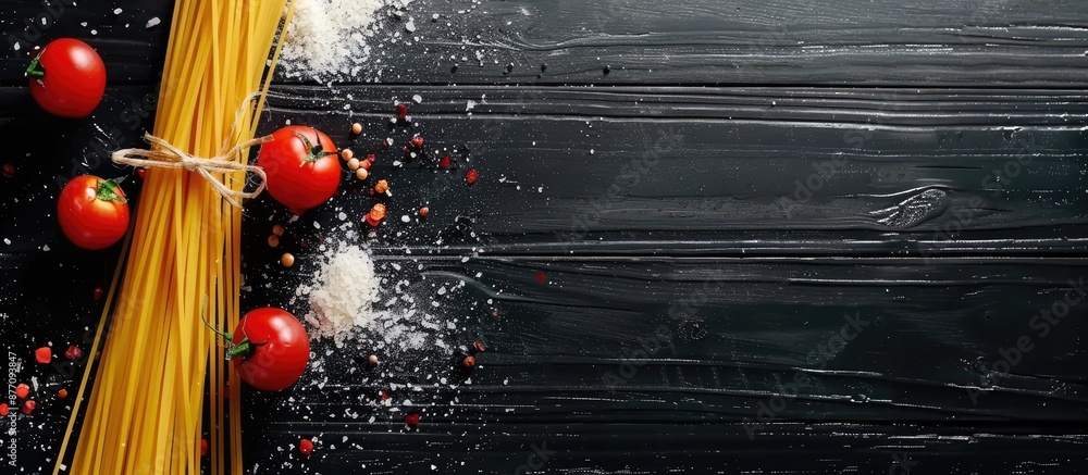 Aufkleber top view of spaghetti ingredients on a black wooden desk with copy space image.