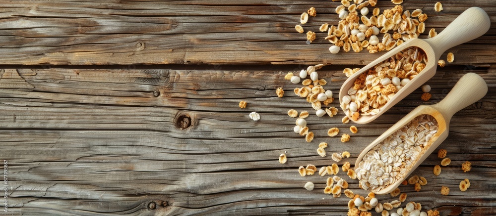 Poster wooden scoops for loose cereals displayed on a wooden background with copy space image.