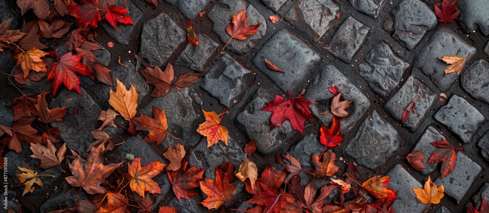 Poster Fallen autumn leaves scattered on cobblestones, creating a rustic scene with a copy space image.
