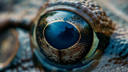  A tight shot of an animal's eye, featuring a human figure embedded within it