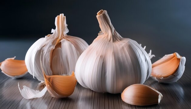 Close-up of two garlic bulbs with peeled cloves
