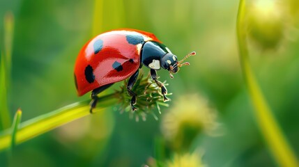 Fototapeta premium A detailed macro photograph of a ladybug resting on a wildflower, set against a beautifully blurred green field background, highlighting the intricate wonders of nature.