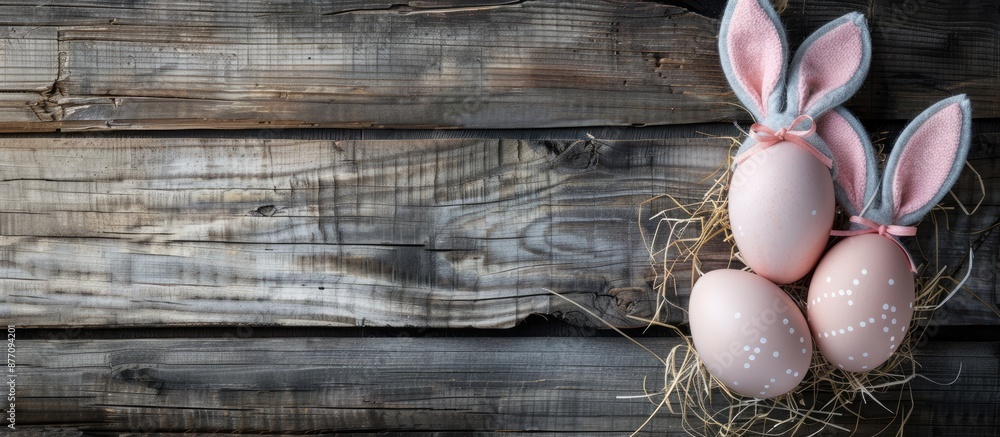 Poster easter eggs wearing bunny ears on a rustic wooden backdrop with copy space image.