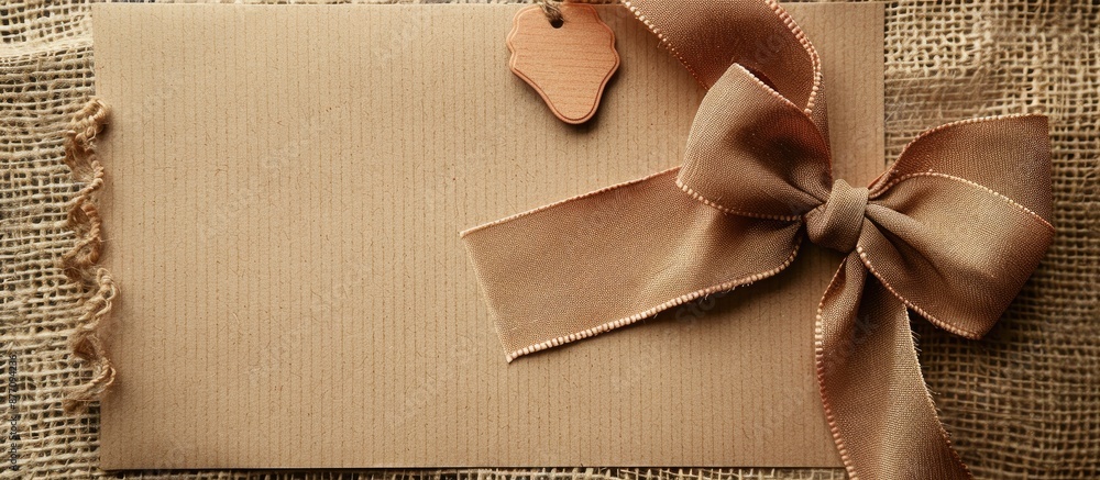 Aufkleber greeting card with handmade ribbon, bow, and blank tag on kraft paper background for a copy space im