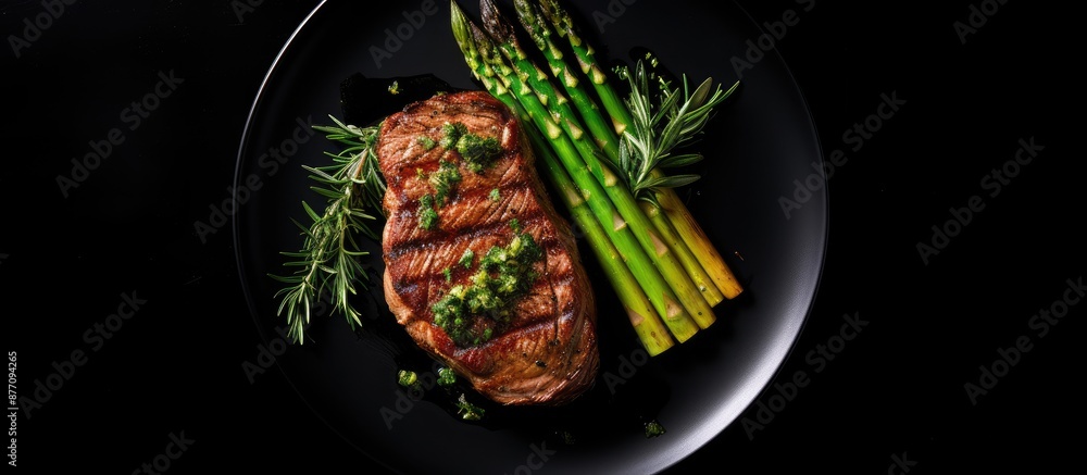 Poster top view of a succulent grilled fillet mignon steak served with roasted asparagus on a black backgro