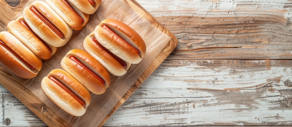 Aufkleber overhead view of hot dog buns on a rustic wooden board with a white wooden background, depicted in a