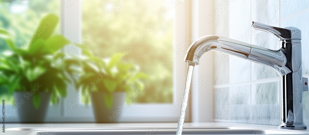 Poster Chrome faucet on bathroom window background with copy space image.