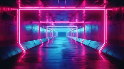 Fototapeta premium futuristic neon-lit tunnel with reflective surfaces creating an abstract, best-seller background ideal for modern and sci-fi themes