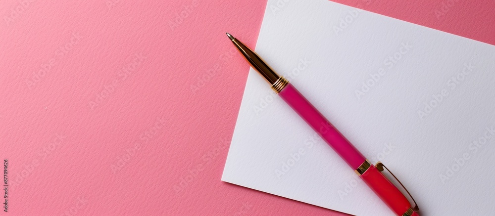 Poster pink background showcasing a white sheet of paper with a pen in the frame, ideal for adding text, fe