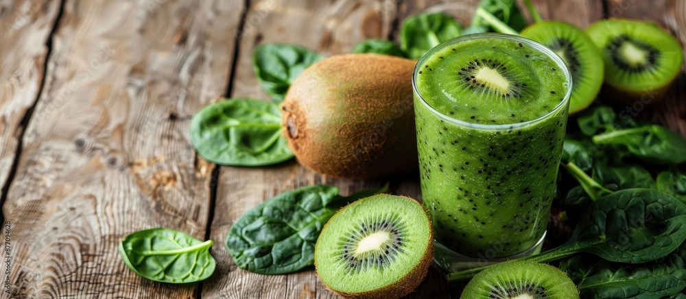 Fototapete smoothie made of spinach and kiwi displayed on a wooden backdrop with copy space image.