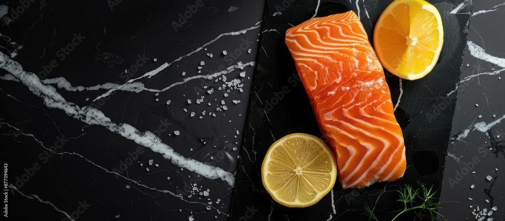 Poster fish delicacy arranged in a flat lay composition with fresh raw salmon on a black marble table, acco