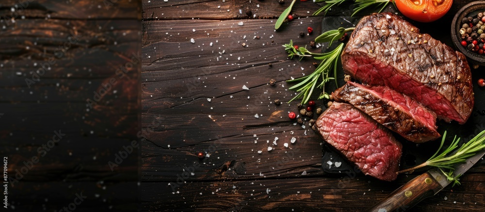 Poster beef steak displayed on a dark wooden table, with ample copy space image.
