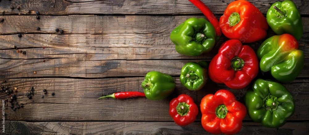 Poster An arrangement of red and green peppers on a wooden surface with a spacious empty area for adding text or other elements in a photograph.