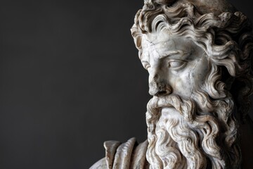 Fototapeta premium Marble masterpiece of a Greek god statue on a black background for copy space