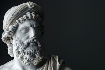 Marble masterpiece of a Greek god statue on a black background for copy space