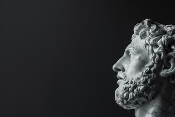 Marble masterpiece of a Greek god statue on a black background for copy space