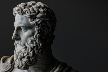 Marble masterpiece of a Greek god statue on a black background for copy space