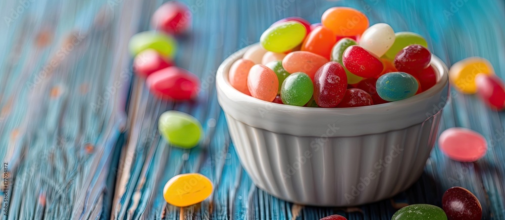 Poster a white bowl filled with colorful jelly beans on the table, creating a vibrant and festive copy spac