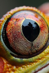 Obraz premium A tight shot of a lizard's eye, mirroring a human face within its depths