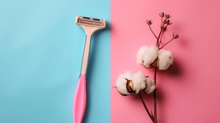 Pink disposable razor and cotton flower isolated on colorful background