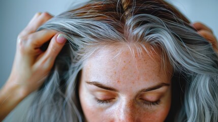 Obraz premium Image displaying hands holding silver hair, with a clear focus on the texture and layers of the hair strands, providing a detailed view of the hair's natural state.