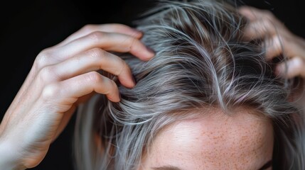 Naklejka premium Image of hands touching silver-grey hair with a focus on the freckled forehead, showcasing the details in the hair texture and natural appearance of the scalp.