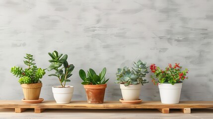 Image of five potted plants arranged neatly on a wooden shelf indoors, featuring a variety of plants in different pots against a simple, light-colored wall background.