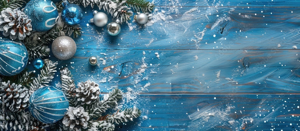 Poster top view copy space image with blue and silver decorations on a blue wooden background, creating a c